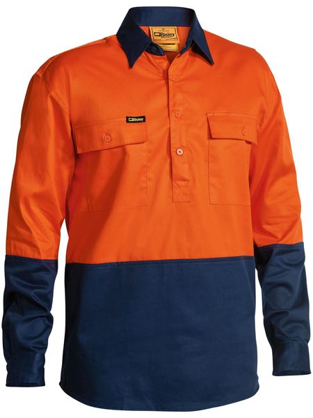 Bisley 2 Tone Closed Front Hi Vis Drill Shirt - Long Sleeve - Orange/Navy (BSC6267) - Trade Wear