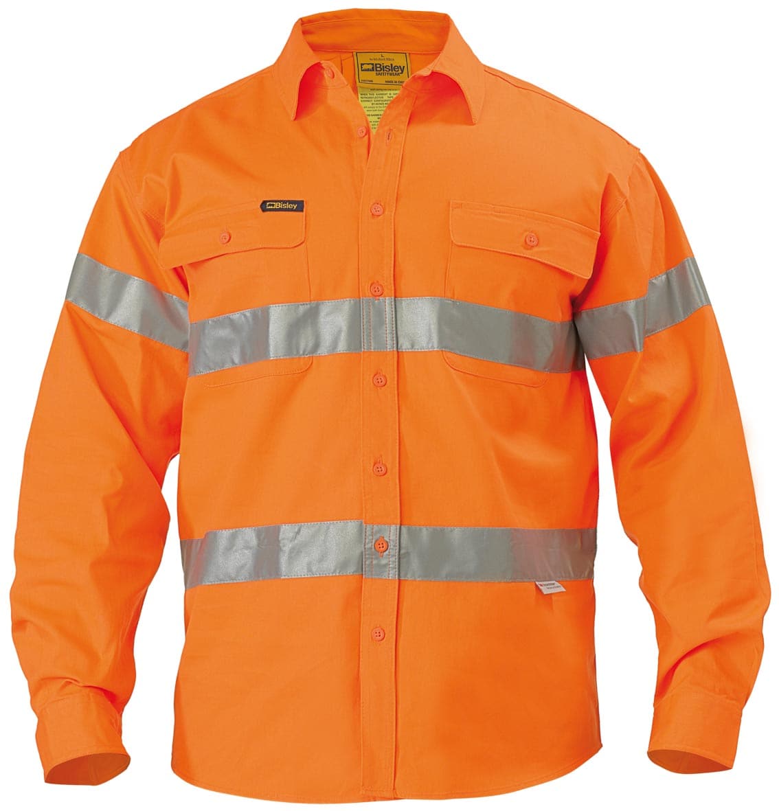 Bisley Hi Vis Drill Long Sleeve Shirt 3M Reflective Tape - Orange (BT6482) - Trade Wear