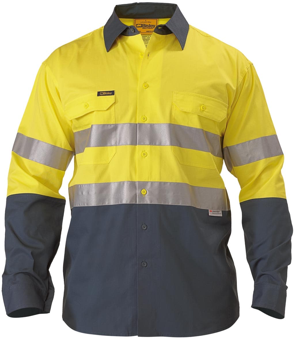 Bisley 2 Tone 3M HiVis Lightweight Gusset Cuff Shirt -Long Sleeve-Yellow/Bottle (BS6896) - Trade Wear