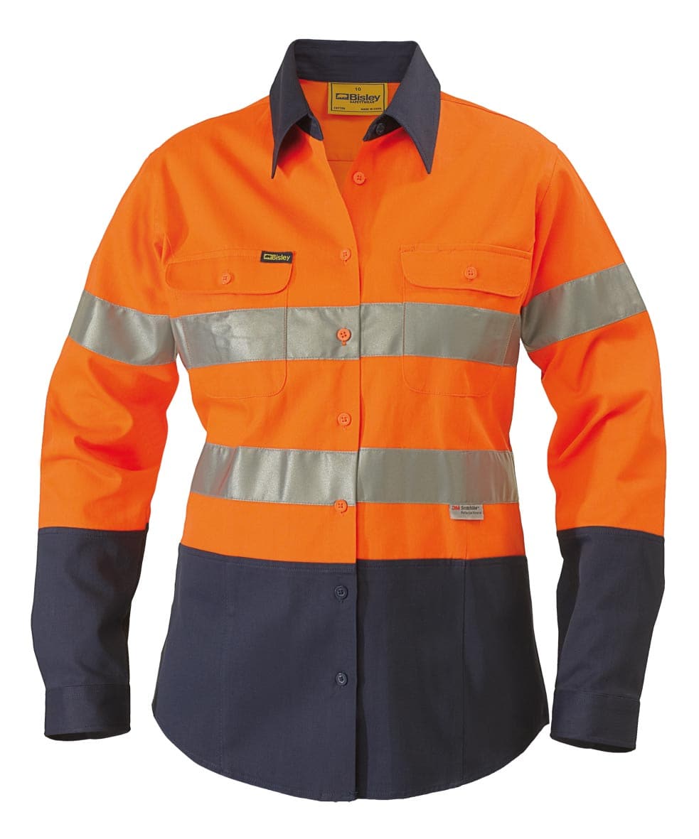 Bisley 2 Tone 3M Ladies Hi Vis Drill Shirt - Long Sleeve - Orange/Navy (BLT6456) - Trade Wear