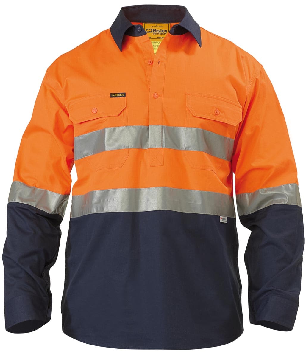 Bisley 2 Tone 3M Hi Vis Lightweight Closed Front Shirt -Long Sleeve-Orange/Navy (BSC6896) - Trade Wear