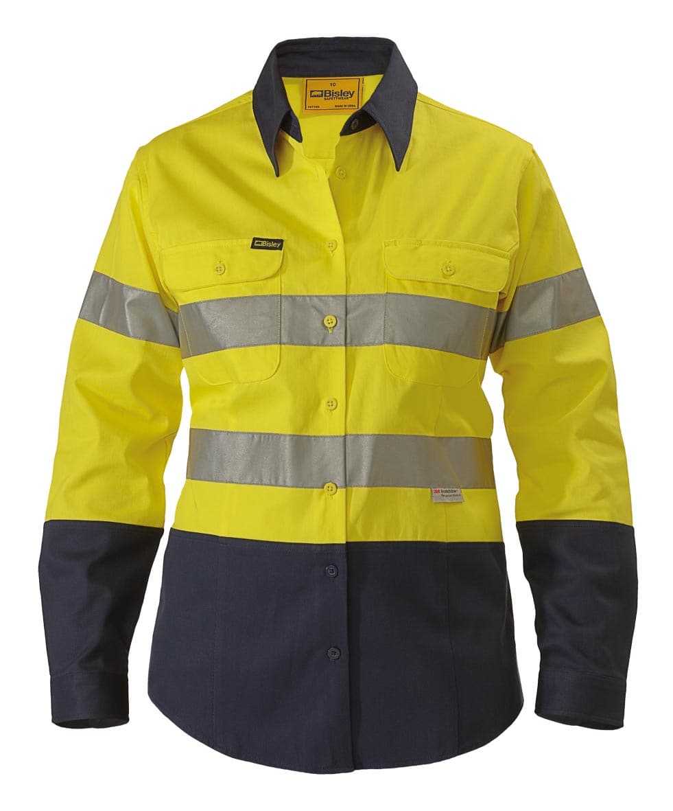 Bisley 2 Tone 3M Ladies Hi Vis Drill Shirt - Long Sleeve - Yellow/Navy (BLT6456) - Trade Wear