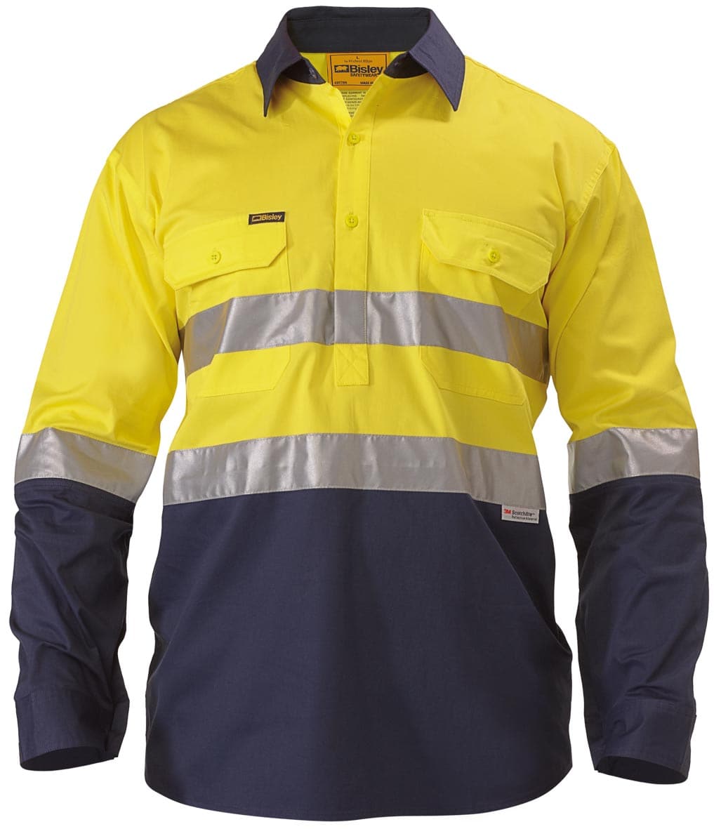 Bisley 2 Tone 3M Hi Vis Lightweight Closed Front Shirt -Long Sleeve-Yellow/Navy (BSC6896) - Trade Wear