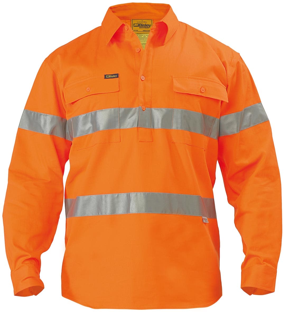 Bisley His Vis Closed Front Drill Long Sleeve Shirt 3M Reflective Tape - Orange (BTC6482) - Trade Wear