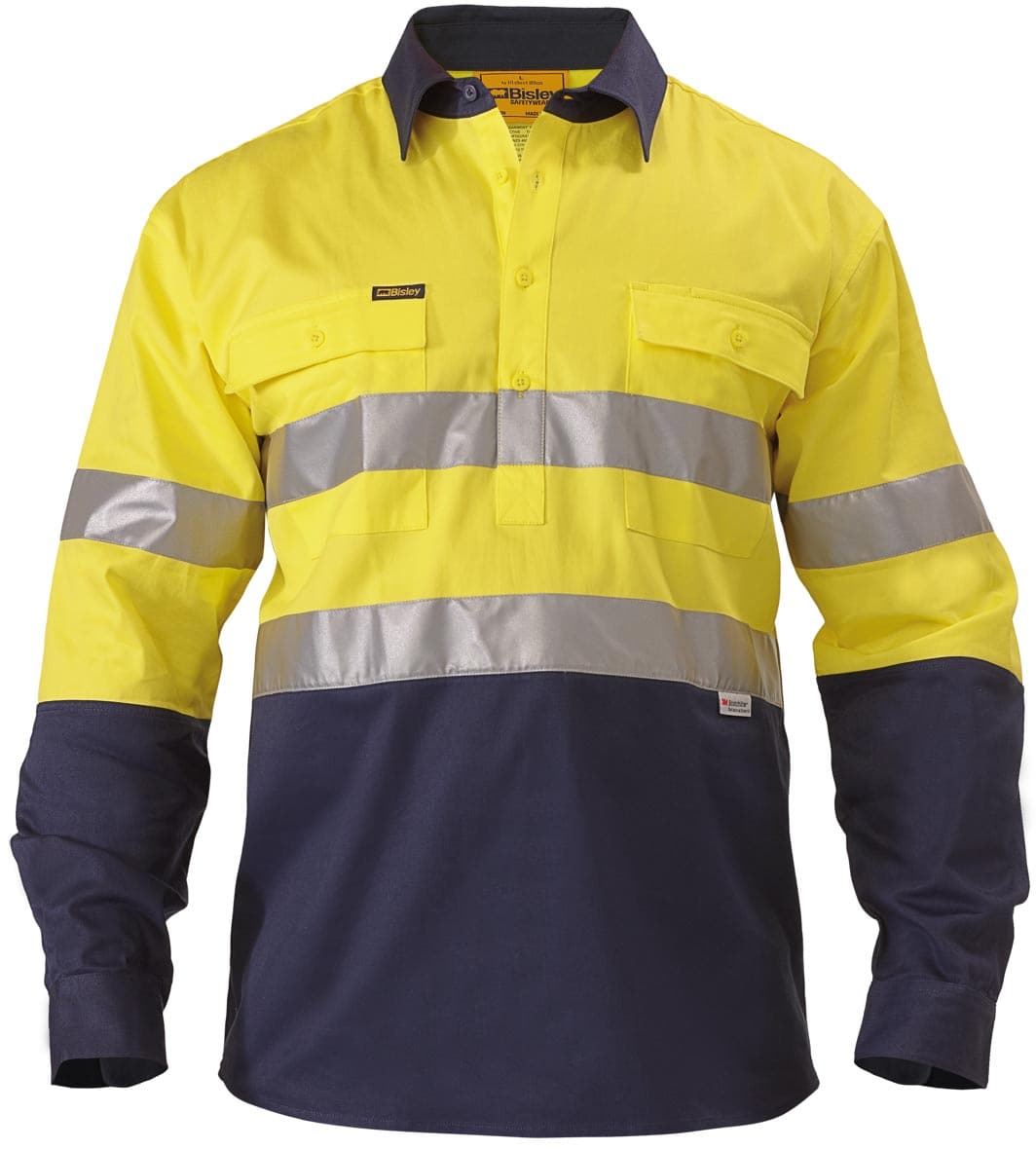 Bisley 2 Tone 3M Closed Front Hi Vis Drill Shirt - Long Sleeve - Yellow/Navy (BTC6456) - Trade Wear