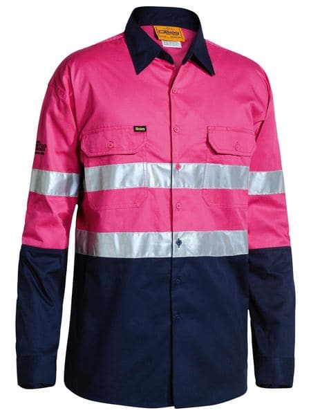 Bisley 2 Tone 3M Cool Lightweight Gusset Cuff Shirt in Pink/Navy (BS6896) - Trade Wear