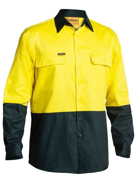 Bisley 2 Tone Hi Vis Drill Shirt - Long Sleeve - Yellow/Bottle (BS6267) - Trade Wear
