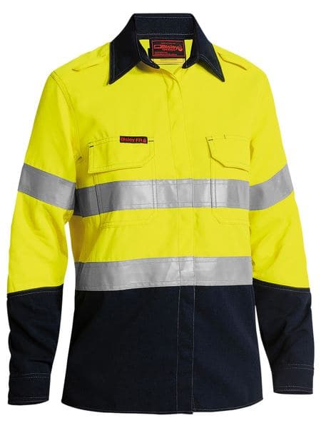 Bisley Womens Taped 2 Tone FR HiVis Lightweight Vented Long Sleeve-Yellow/Navy (BL8098T) - Trade Wear