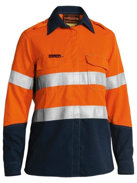 Bisley Womens Taped 2 Tone FR HiVis Lightweight Vented Long Sleeve-Orange/Navy (BL8098T) - Trade Wear