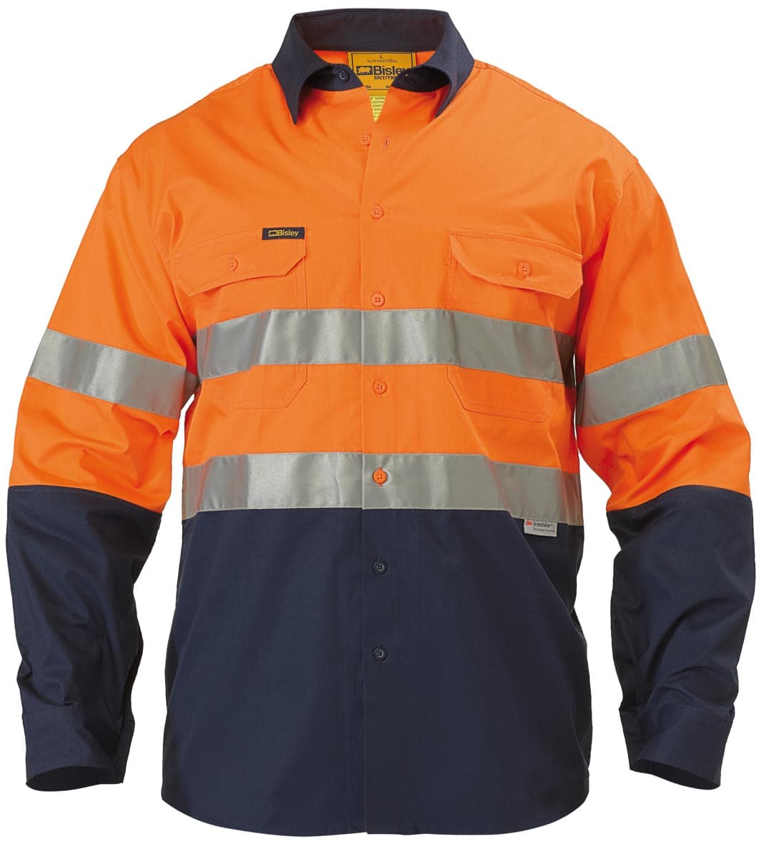 Bisley 2 Tone 3M Hi Vis Lightweight Gusset Cuff Shirt -Long Sleeve- Orange/Navy (BS6896) - Trade Wear