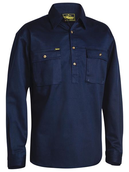 Bisley Closed Front Cotton Drill Shirt - Long Sleeve - Navy (BSC6433) - Trade Wear