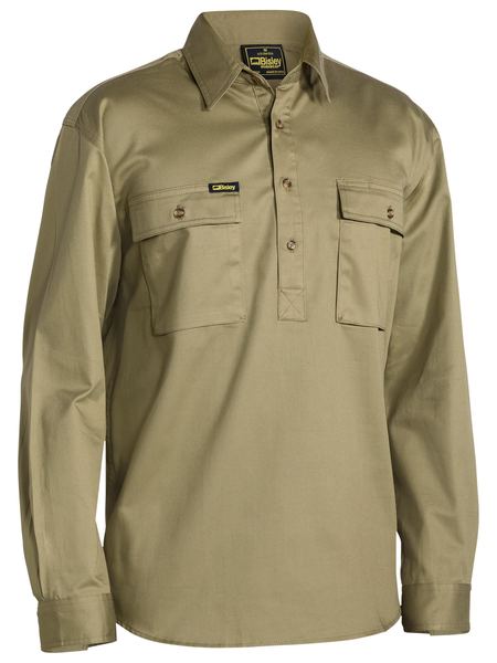 Bisley Closed Front Cotton Drill Shirt - Long Sleeve - Khaki (BSC6433) - Trade Wear