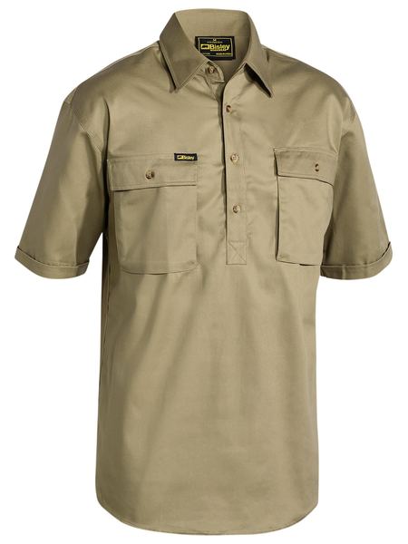 Bisley Closed Front Cotton Drill Shirt - Short Sleeve - Khaki (BSC1433) - Trade Wear