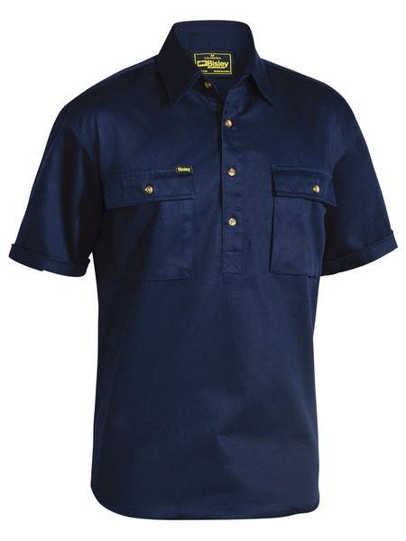 Bisley Closed Front Cotton Drill Shirt - Short Sleeve - Navy (BSC1433) - Trade Wear