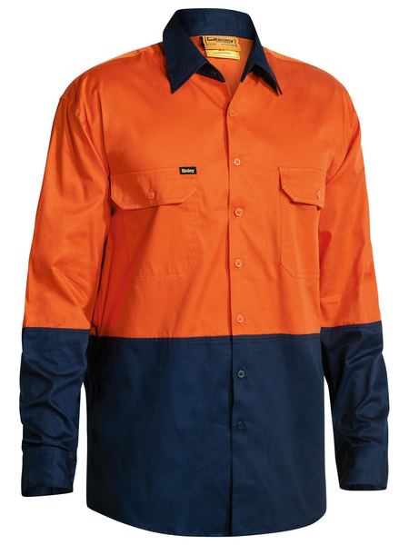 Bisley 2 Tone Hi Vis Cool Ventilated Drill Shirt - Long Sleeve - Orange/Navy (BS6895) - Trade Wear