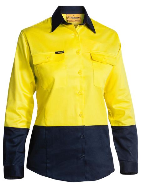 Bisley Ladies 2 Tone Hi Vis Drill Shirt - Long Sleeve - Yellow/Navy (BL6267) - Trade Wear