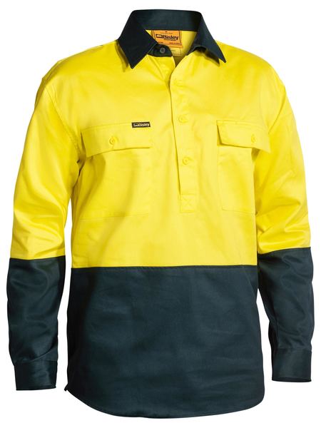 Bisley 2 Tone Closed Front Hi Vis Drill Shirt - Long Sleeve - Yellow/Bottle (BSC6267) - Trade Wear