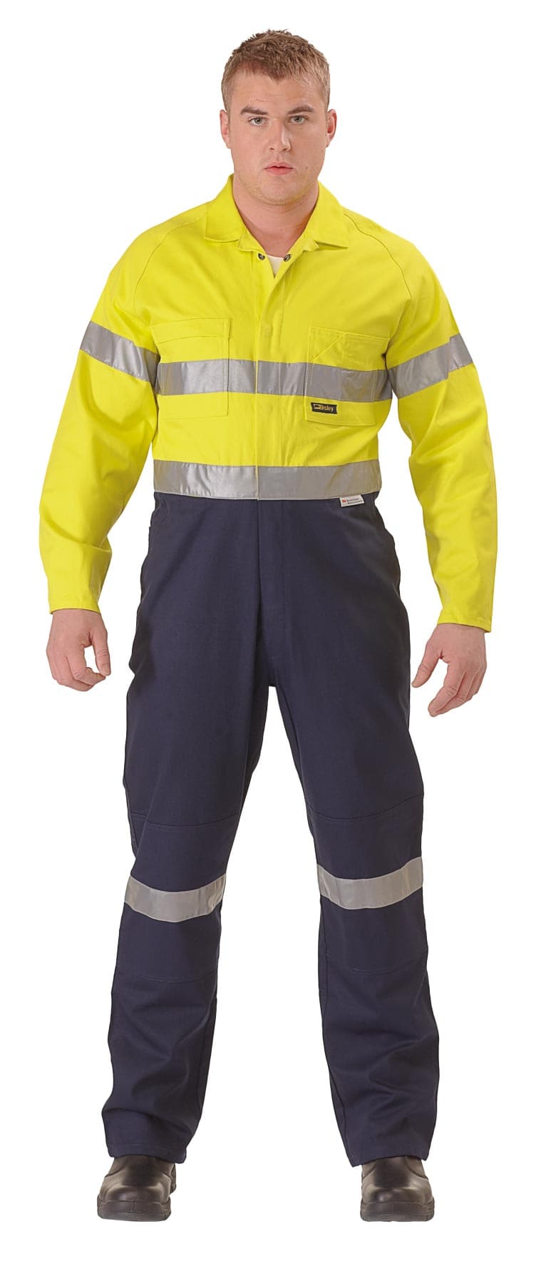 Bisley 2 Tone Hi Vis Lightweight Coveralls 3M Reflective Tape - Yellow/Navy (BC6719TW) - Trade Wear