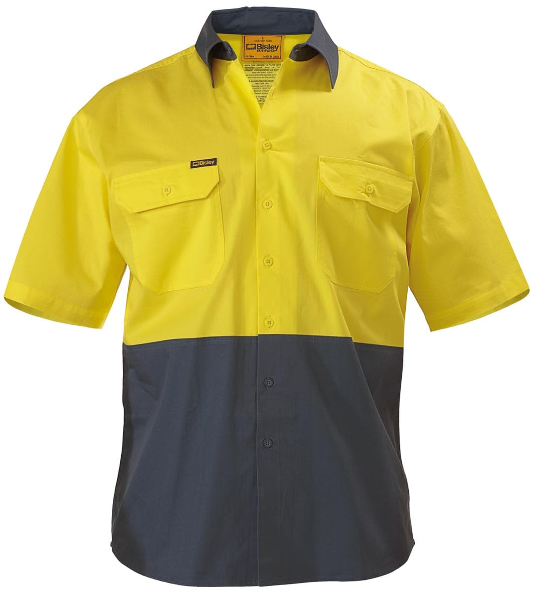 Bisley 2 Tone Cool Lightweight Drill Shirt - Short Sleeve - Yellow/Bottle (BS1895) - Trade Wear