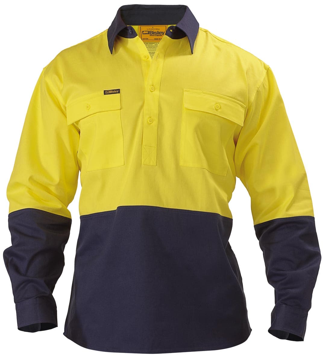 Bisley 2 Tone Closed Front Hi Vis Drill Shirt - Long Sleeve - Yellow/Navy (BSC6267) - Trade Wear