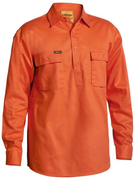 Bisley Closed Front Cotton Drill Shirt Long Sleeve - Orange (BSC6433-Orange) - Trade Wear