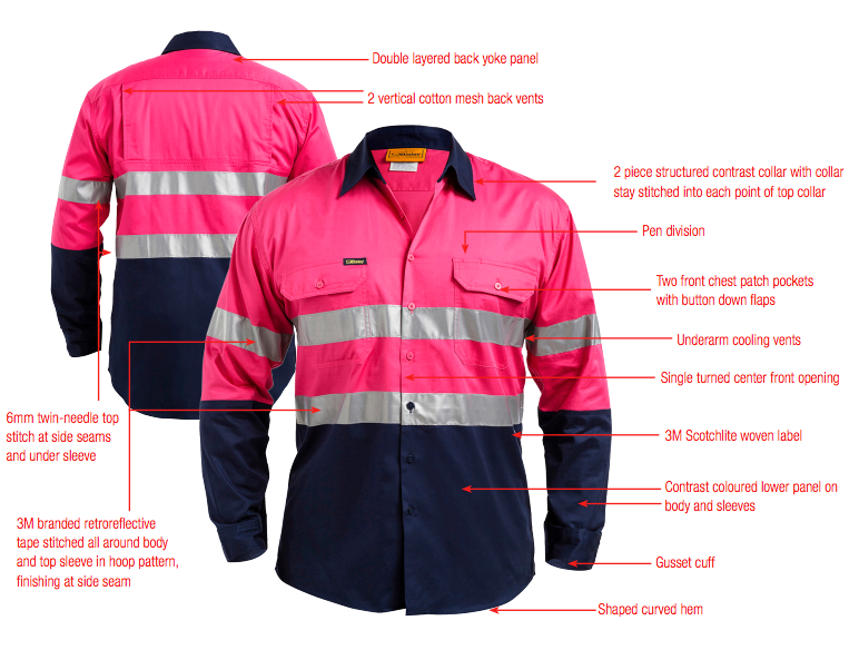 Bisley 2 Tone 3M Cool Lightweight Gusset Cuff Shirt in Pink/Navy (BS6896) - Trade Wear