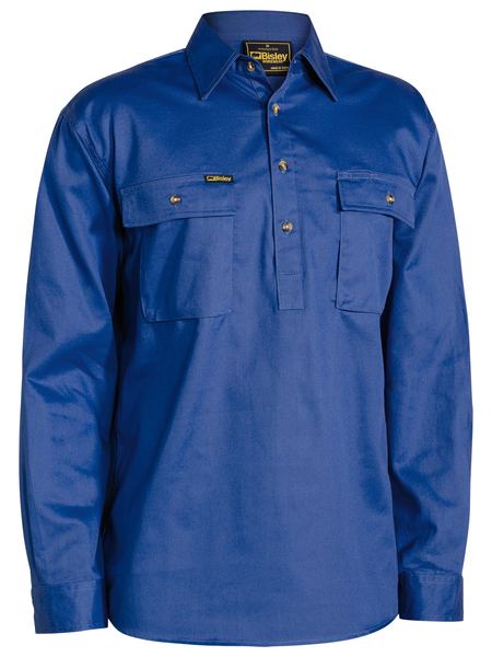 Bisley Closed Front Cotton Drill Shirt - Long Sleeve - Royal (BSC6433) - Trade Wear