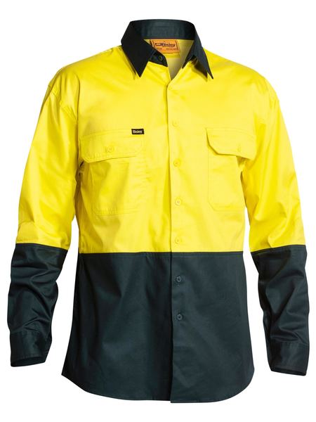 Bisley 2 Tone Hi Vis Cool Ventilated Drill Shirt - Long Sleeve - Yellow/Bottle (BS6895) - Trade Wear
