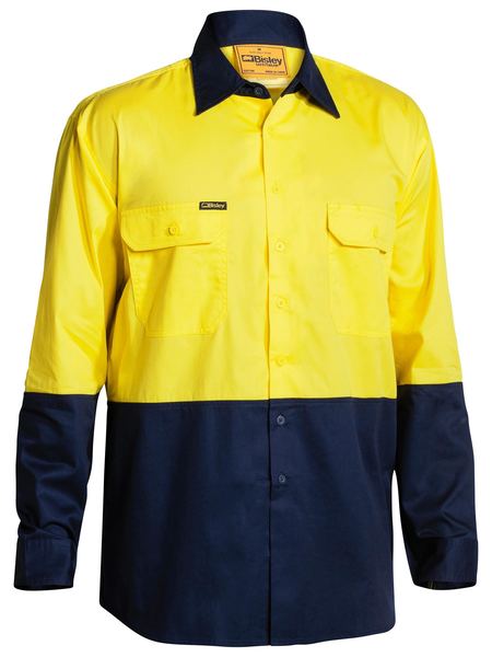 Bisley 2 Tone Hi Vis Cool Ventilated Drill Shirt - Long Sleeve - Yellow/Navy (BS6895) - Trade Wear